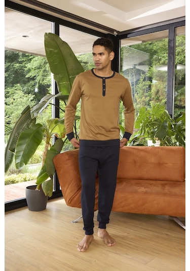 Kly Erkek Uzun Kol Midi Yaka Taba Pijama Takımı C8t6n2o9 001