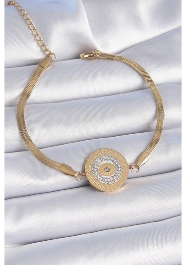 Gold Renk İtalyan Zincir Zirkon Taşlı Göz İşlemeli Madalyon Model Kadın Bileklik - Ebj241026w28799 Renkli