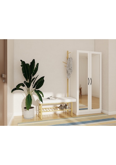 Limila 2 Kapaklı Aynalı Beyaz Renk Portmanto