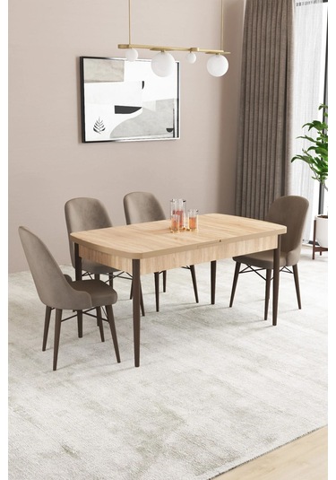 Sar Pakete Almira Serisi, Meşe Desen 80x132 Açılabilir Mdf Mutfak Masası Takımı 4 Adet Sandalye Cappucino