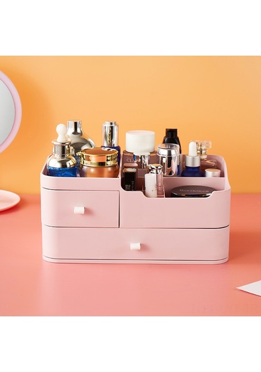 Youtek Masaüstü Makyaj Ve Bakım Ürünleri Depolama Kutusu - Çekmeceli Plastik Organizer - Basit Tasarım - Pembe Pembe