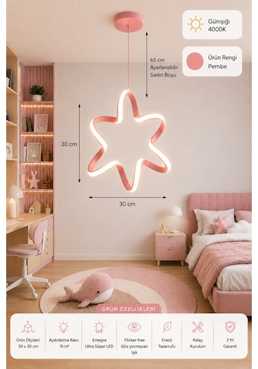 Yalven Led Sarkıt Avize Çocuk Odası Günışığı Pembe