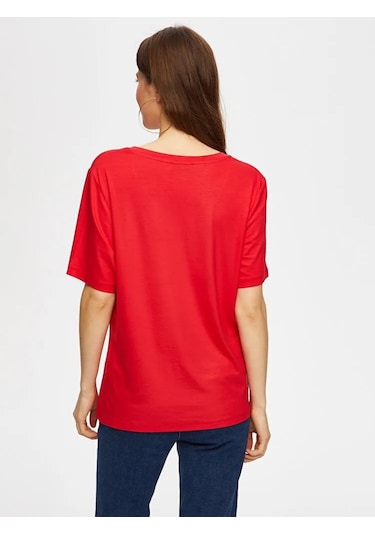 Faik Sönmez V Yaka Kısa Kol Kadın T-shirt Bs25tsh001 Kırmızı