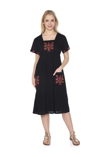 Kısa Kol Şile Bezi Melek Midi Boy Elbise Siyah Syh Siyah