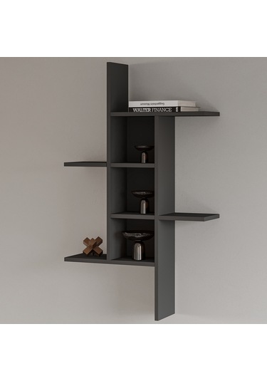 Madagaskar Duvar Rafı Asimetrik Tasarım, Duvara Monte Dekoratif Kitaplık Antrasit