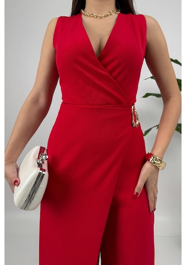 Crimson Icon Kadın Kemer Detaylı Askılı Bol Paça Kırmızı Tulum Rahat Şık Yazlık Kombin Kırmızı