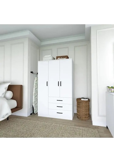 Easy Mat Beyaz 3 Kapılı 3 Çekmeceli Çok Amaçlı Elbise Dolabı Beyaz
