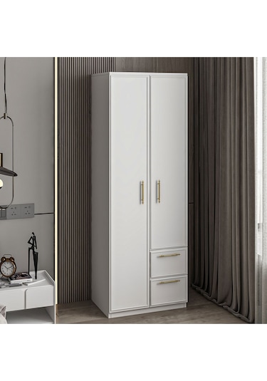 Vespera Çıta Detaylı, 2 Kapaklı, Çekmeceli Gardırop Beyaz, 60 Cm