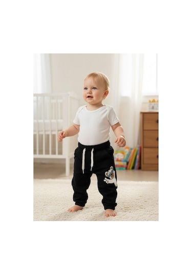 Zekids Bebek Ayıcık Desenli Eşofman Alt-16391 Siyah