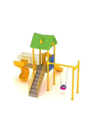Dış Mekan Çocuk Oyun Parkı 6.5x5.5m, Ev Çatılı Model-63 Çok Renkli