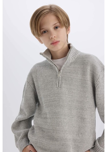 DeFacto Erkek Çocuk Fermuarlı Dik Yaka Triko Kazak C9671A824AUGR210