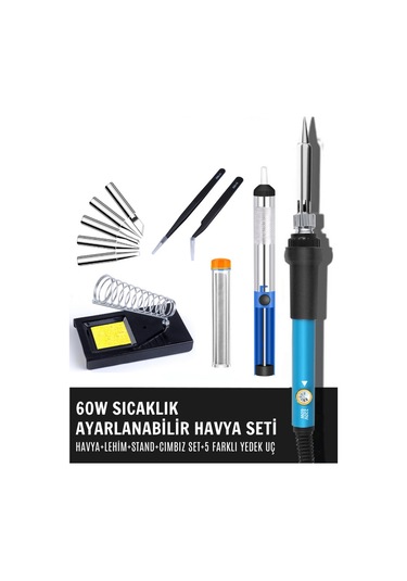 ST-60 Profesyonel 60W Isı Ayarlı Kalem Havya + Stand + Lehim Pompası + Lehim + Cımbız + 5 Kaliteli Uç