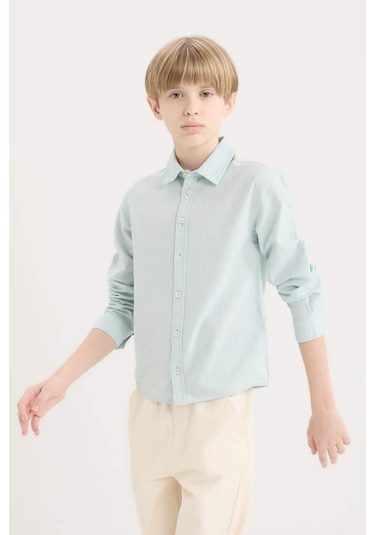 DeFacto Erkek Çocuk Polo Yaka Keten Karışımlı Uzun Kollu Gömlek D7781A825SMGN1256