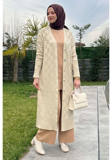 Rabia Şamlı Dama Desenli Taş Triko Hırka Çok Renkli