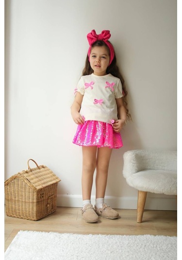 Kız Çocuk Şeker Pembe Parlak Payet Kumaş Balon Etek Fiyonk Nakışlı T-shirt Altüst Takım Pembe