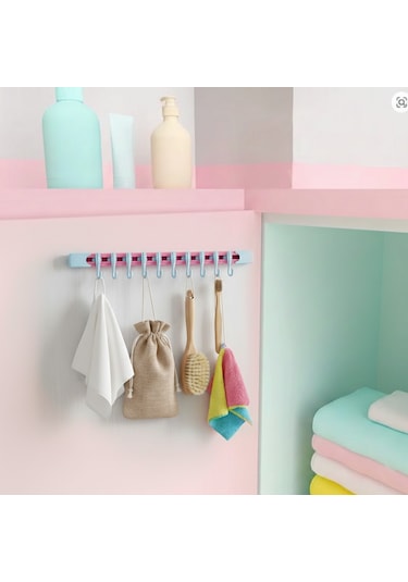 Yapışkanlı Portatif, Mobilya, Duvar, Dolap, Banyo Organizer Askılık, 10 Kancalı, 30 Cm, Pembe