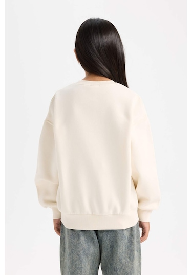 DeFacto Kız Çocuk Relax Fit Bisiklet Yaka Baskılı Sweatshirt D7055A824WNER99 Ekru