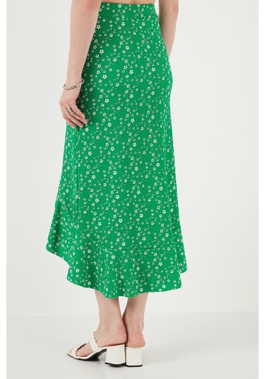 Lela Çiçek Desenli Regular Fit Volanlı Yüksek Bel Midi Boy Yırtmaçlı Bayan Etek 5869012 Yeşil