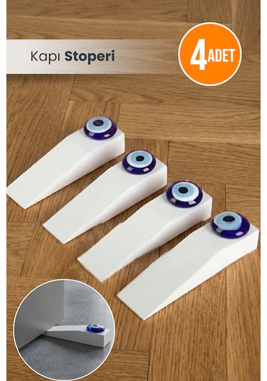 4 Adet Nazar Boncuklu Ahşap Kapı Stoperi - Beyaz