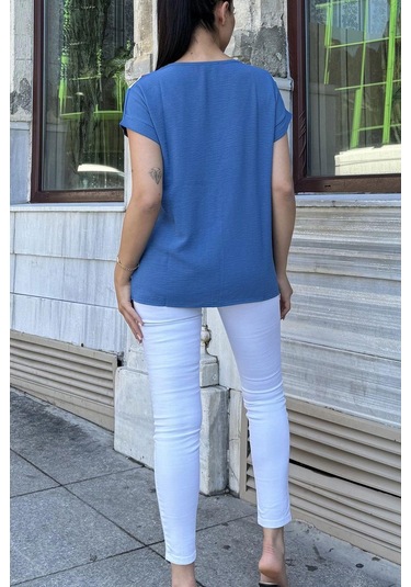 Kadın İndigo V Yaka, Kısa Kol, Color Block Detaylı Salaş Airobin Bluz Indigo