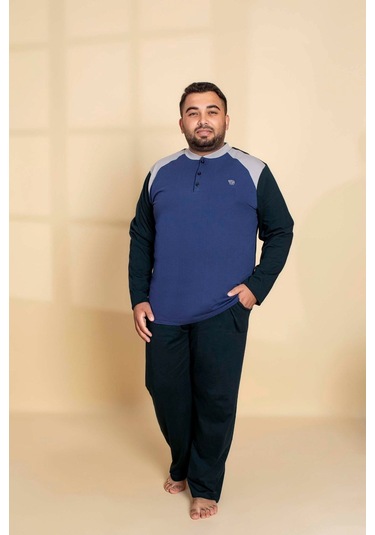 Erkek Büyük Battal Beden Desenli 3 Düğmeli %100 Pamuk Mevsimlik Uzun Kol Cepli Pijama Takımı Koyu Mavi
