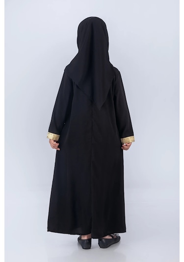 Eşarplı Ferace Medine İpek Kumaş Kız Çocuk Siyah