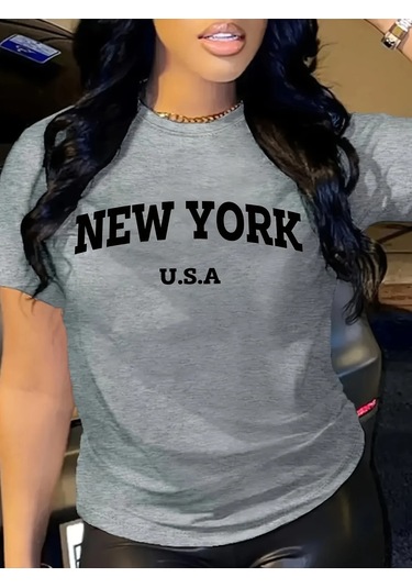 Snapbuy Kadın Mektup Baskılı Bisiklet Yaka Tişört - Yazlık Rahat Günlük Giyim Bej Ldistribütör Garantili