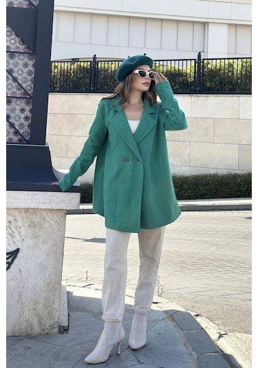Kadın Yeşil Astarlı, Kruvaze Ceket Yaka, Tek Düğme, Rahat Kalıp, Fitilli Kaşe Kumaş Kaban Yeşil