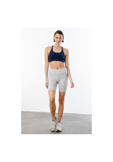 Yüksek Bel Toparlayıcı Çift Cepli Biker Şort Kısa Spor Tayt Kısa-tayt Gri