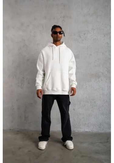 Defymoda 3 İplik Kapşonlu Sweatshirt Hoodie - Beyaz Siyah