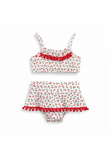 Nurbebe Kiraz Desenli Baskılı Kız Çocuk Bikini Takım Beyaz