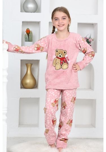 Kız Çocuk Welsoft Kumaş-göz Bantlı Ayıcık Baskılı Pijama Takımı 12293 Gül Kurusu