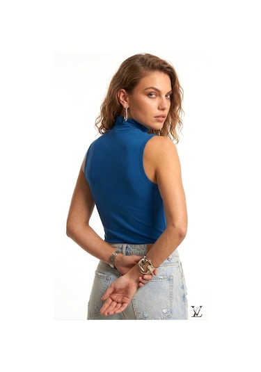 Uyguntarz Kadın Beyaz Tekli Kolsuz Body Yarım Boğaz İndigo