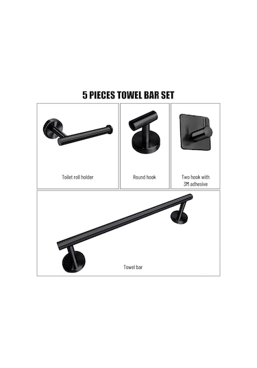 Ruicoo 5 Parça Paslanmaz Çelik Banyo Aksesuar Seti - Havlu Askısı, Kıyafet Kancası Ve Tuvalet Kağıdı Tutucu Siyah