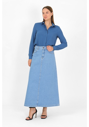 Yüksek Bel A Kesim Denim Etek Açık Mavi