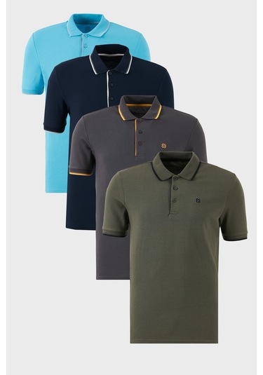 Buratti Pamuklu Slim Fit Şerit Detaylı Düğmeli Polo Yaka 4'Lü Paket Erkek T Shirt 5902118S4 Antrasit-Haki-Lacivert-Aqua Mavi