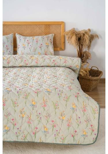 Begonvil Çift Kişilik Pamuklu Kapitone Pike & Yatak Örtüsü Yeşil