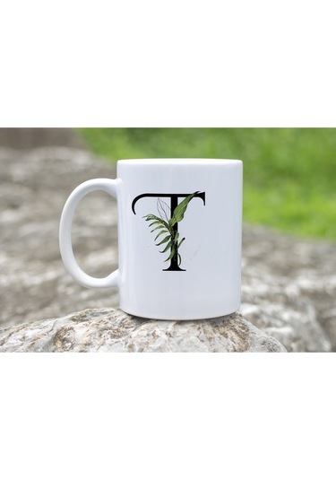 T Harf Zarif Yaprak Desenli Kupa Bardak - Naturel Sade Alfabe Harfli Bardak - Kişiye Özel Hediye Beyaz