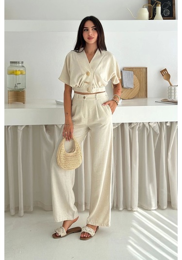 Düğme Detaylı İkili Takım Krem Krem