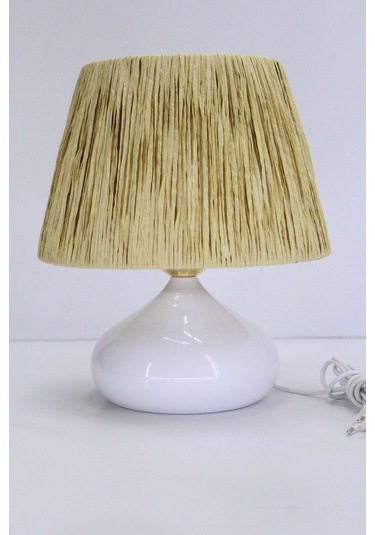 Üzüm Abajur Rafya Başlık Metal Elips Ayak Bej Beyaz