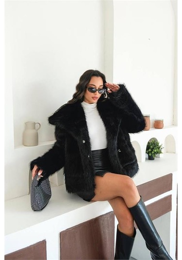 Neşeli Butik Kadın Siyah Astarlı Kürk Kaban Nbmylk32 Siyah