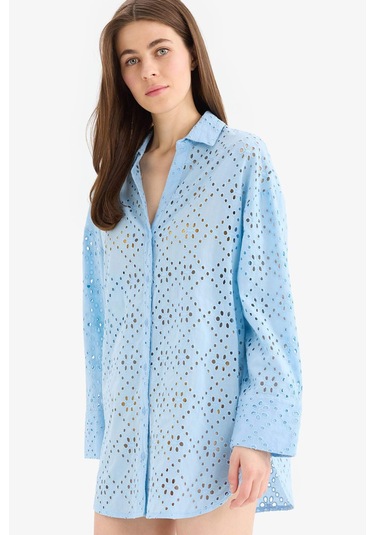 DeFacto Regular Fit Pamuklu Brode Plaj Gömleği-Fall in Love C0506AX25SMBE93 DeFacto Regular Fit Pamuklu Brode Plaj Gömleği-Fall in Love C0506AX25SMBE93