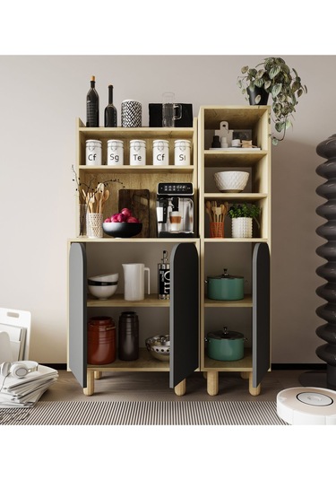 Parma 3 Kapaklı Mutfak Dolap, Kahve Köşesi, Çok Amaçlı Dolap Safir Meşe-antrasit