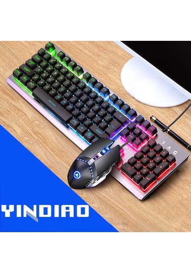 Yındıao K002 Usb Kablolu Mekanik Hissediyorum Rgb Arkadan Aydınlatmalı Klavye + Optik Sessiz Fare Seti Siyah
