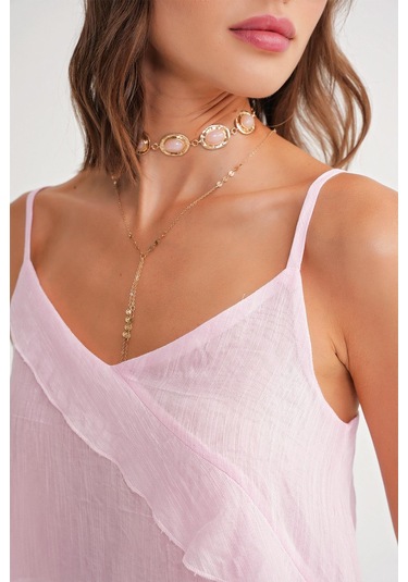 4736 Kadın Fırfırlı Askılı Bluz Pembe Pembe