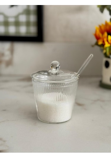 Morponi Borosilikat Cam Kapaklı Ve Cam Kaşıklı Optik Çizgili Tuzluk & Şekerlik Kahverengi - Şeffaf