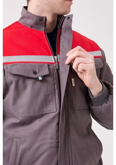 Kışlık İş Montu Grikırmızı Reflektörlü Gabardin Royal Mont İçi Kapitoneli Sıcak Tutan Gri-Kırmızı