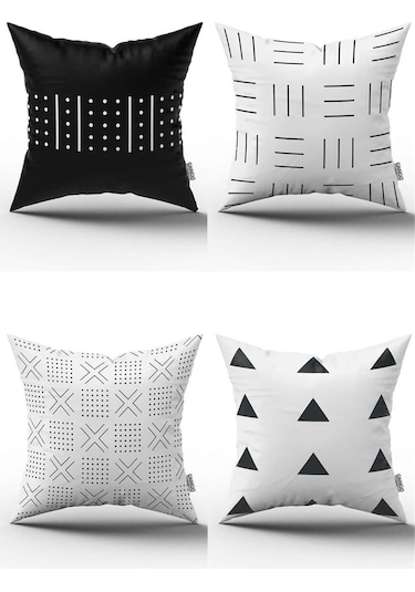 Beyaz Siyah Modern Geometrik 4'lü Dijital Baskılı Kırlent Kılıfı Seti- 4kmbs83