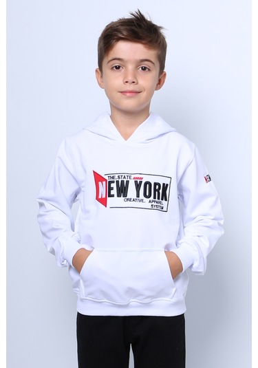 Erkek Çocuk Kapşonlu Sweat Baskılı Cepli C34 Beyaz
