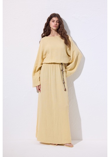 Müslin Beli Büzgülü Elbise Sarı Sarı